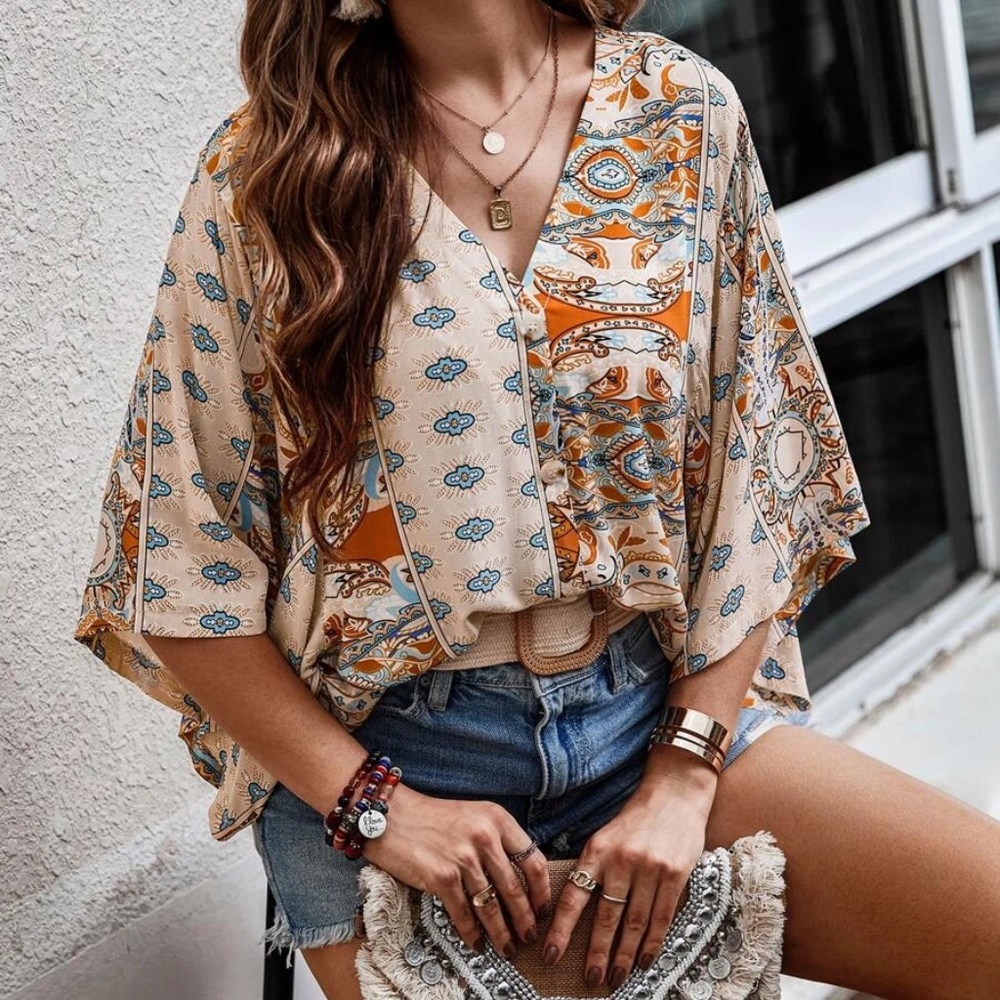 Boho Floral Print Kimono Sleeve Oversized Top - Picture 8 of 8